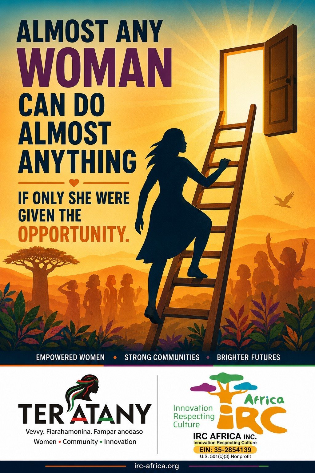A woman climbing a ladder toward an open door, symbolizing opportunity and a brighter future