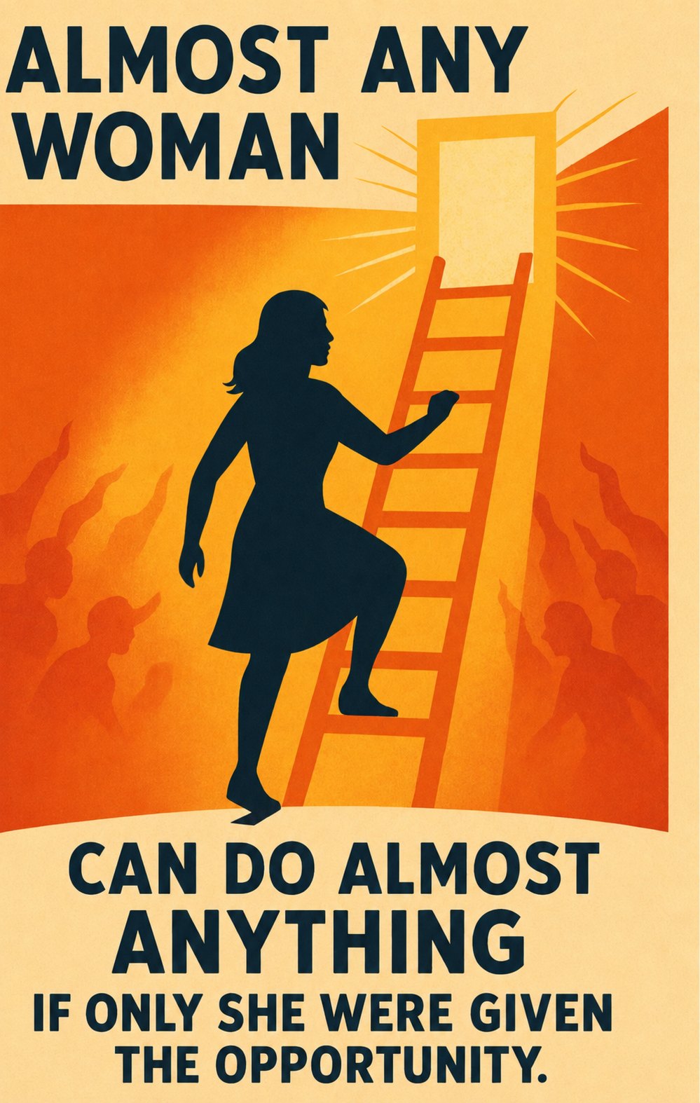 Poster illustrating a woman climbing toward opportunity with the message that almost any woman can do almost anything if given the opportunity.