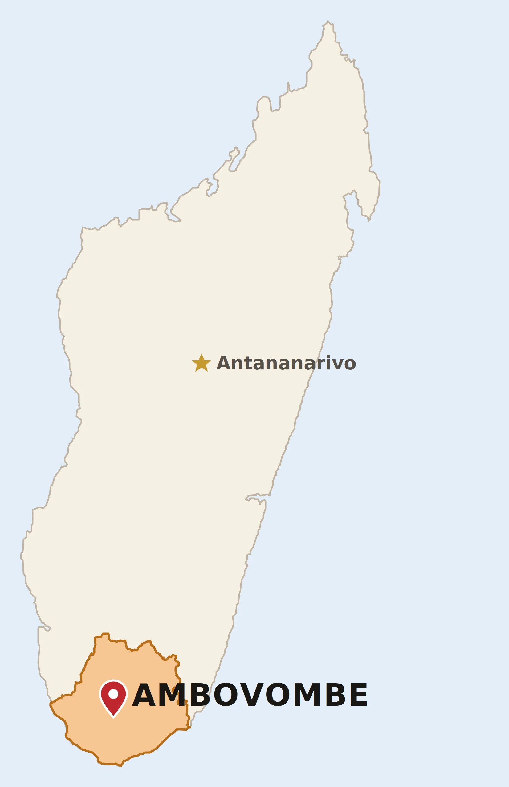 Map of Madagascar highlighting Ambovombe in the Androy Region
