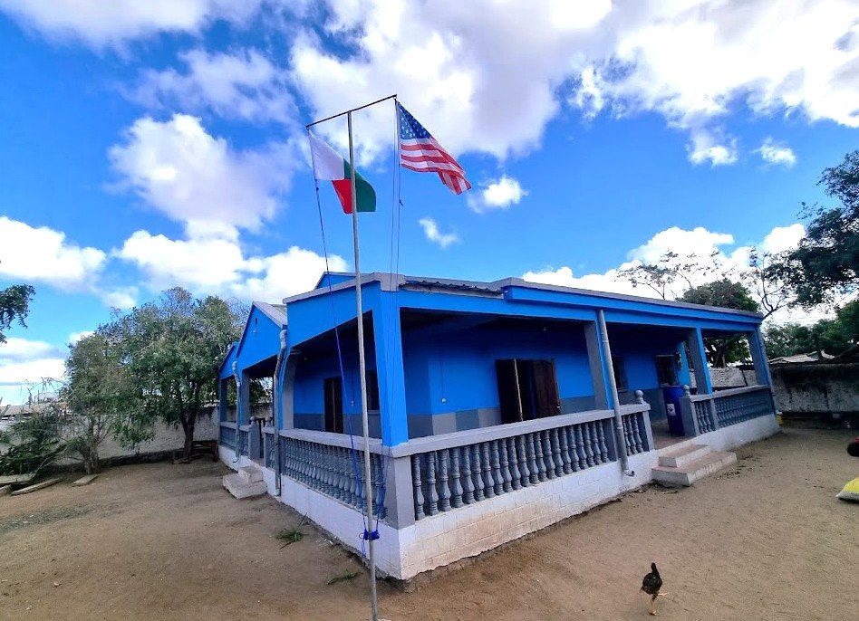 The exterior of Ny Trano Manga, The Blue House women's shelter in Ambovombe, Madagascar