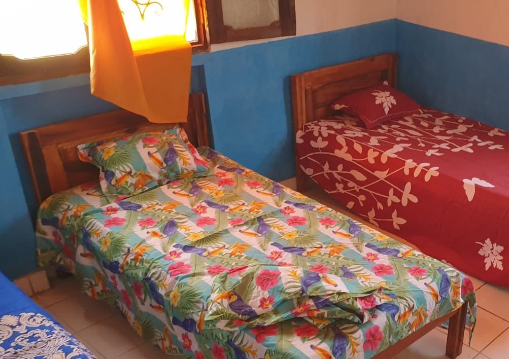A room in the original Ny Trano Manga facility, with two beds and patterned bedding.